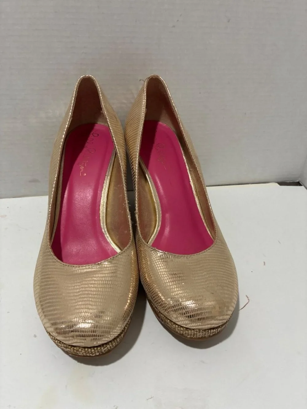 Lilly Pulitzer Resort Chic Wedge Pumps Womens Gold Metallic 3.25
